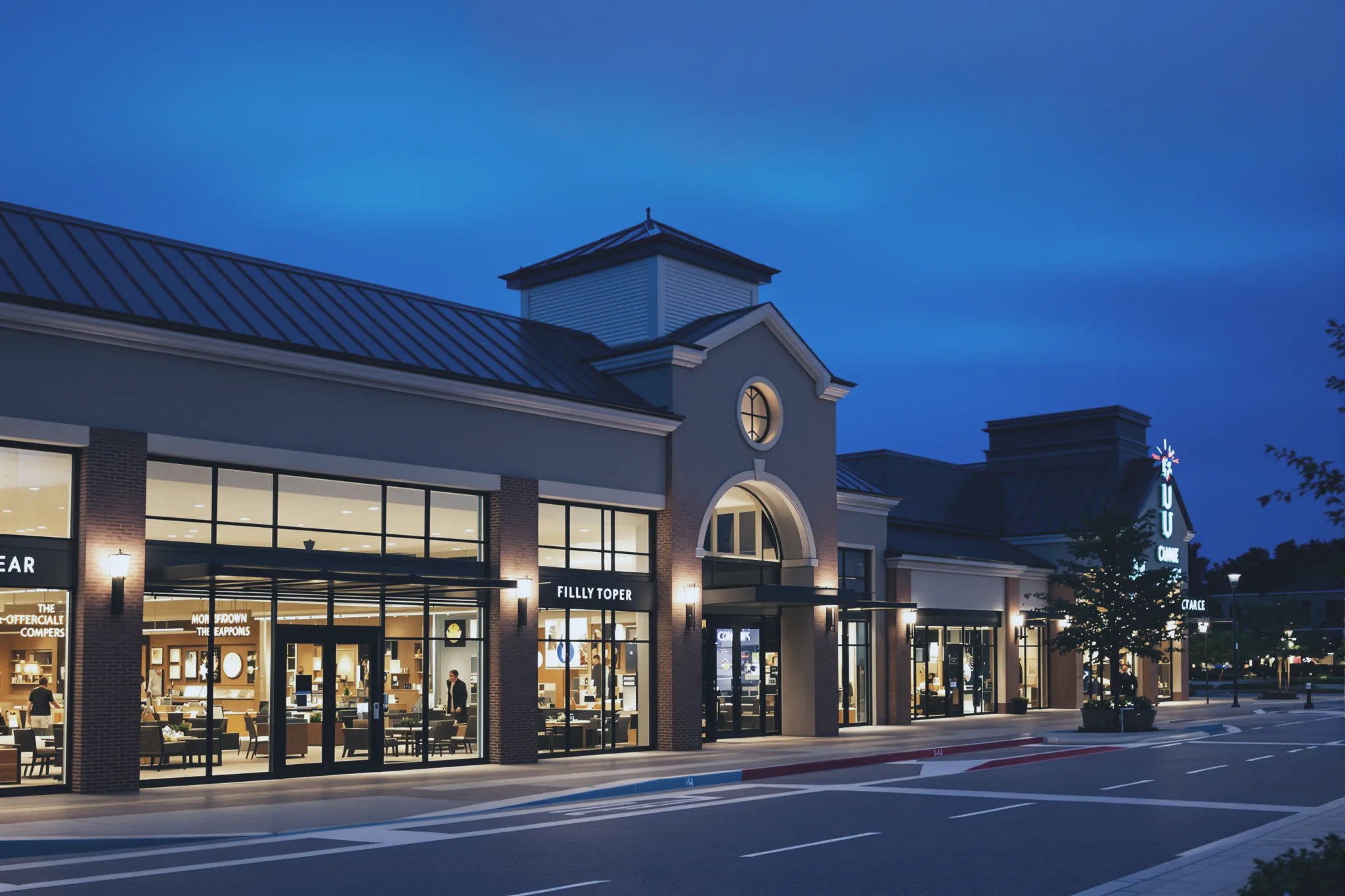 A retail service corridor at night lit by wall fixtures.