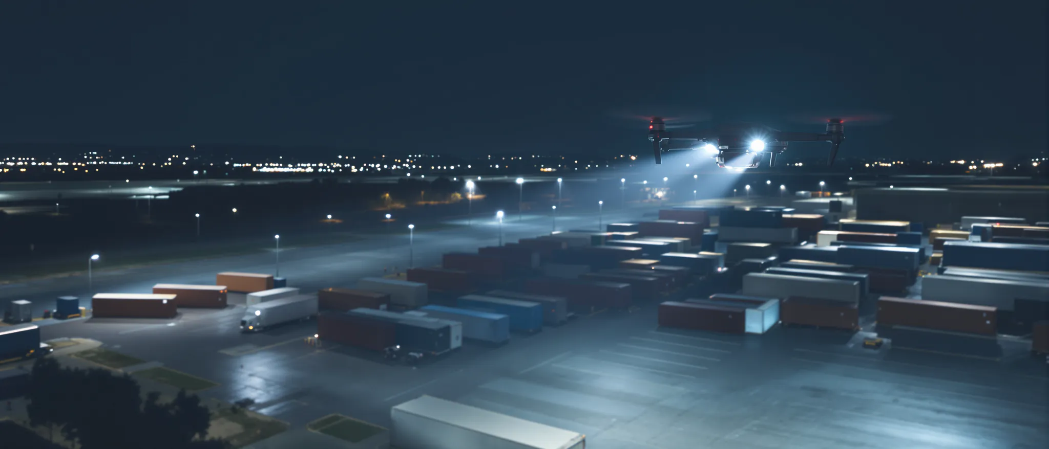 A drone hovers over a large container and trailer yard at night, its spotlight lighting the lot below.