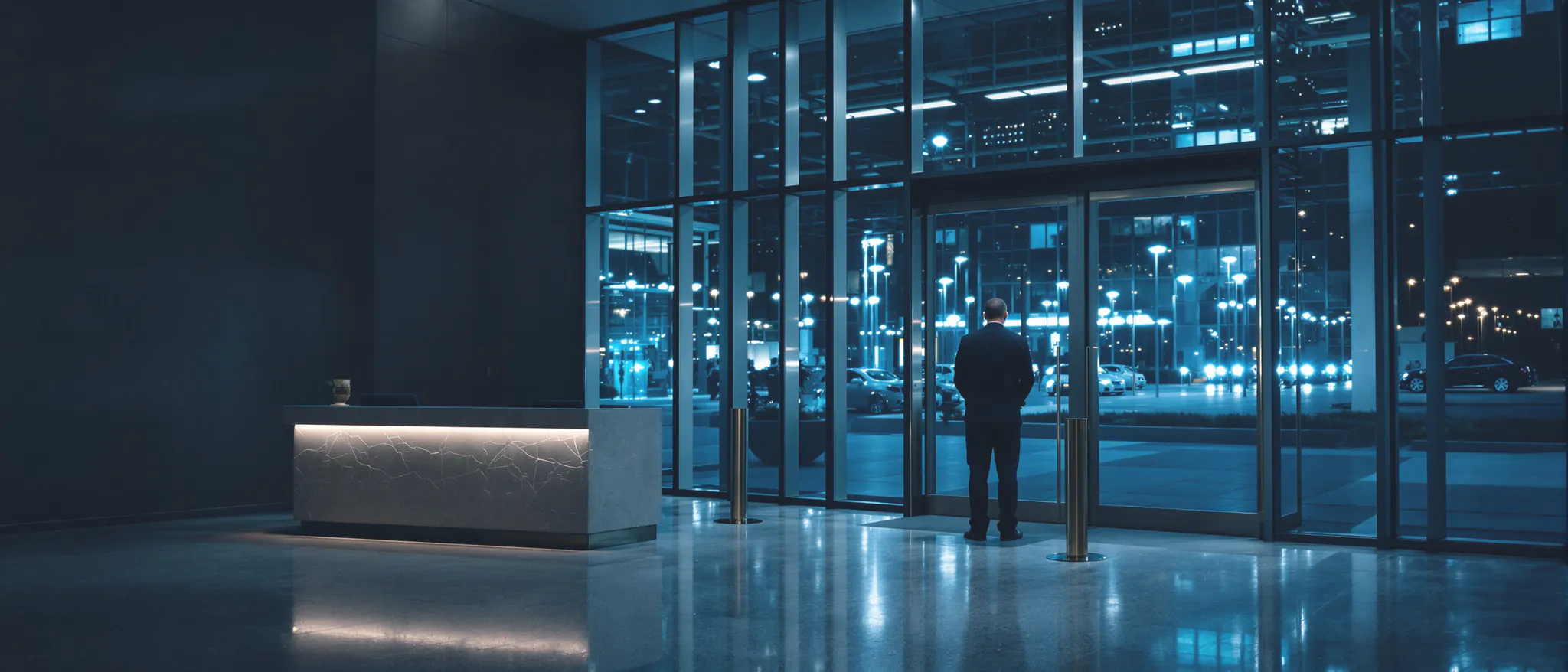 A responder posted beside the glass entrance doors of an office lobby at night.